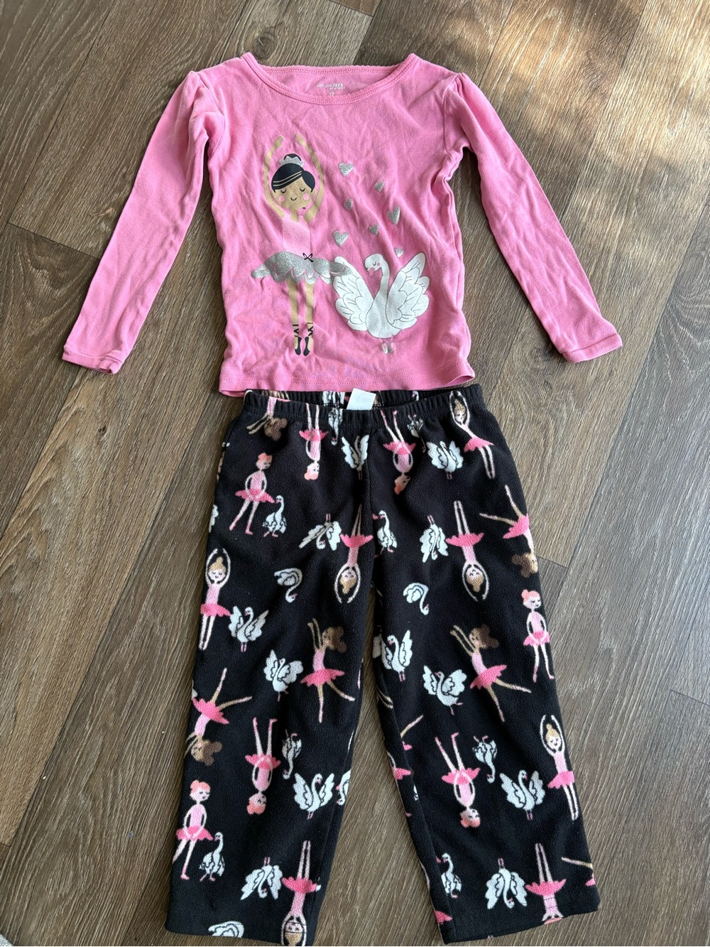 Kids Pink Ballerina Pajama Set - Long Sleeve Top & Fleece Pants